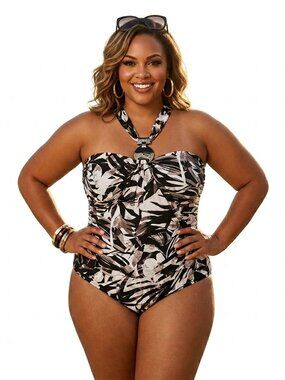 Dreamsuit Womens One Piece Swimsuit Black White Halter Tropical Print Resort 16W